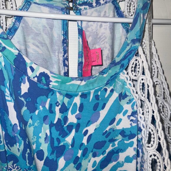 Lilly Pulitzer Lala Lace Trimmed Halter Romper in Hey Hey Soleil Blue Size Large - Picture 4 of 5